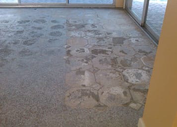 Tiles were removed, exposed highly damaged terrazzo floor. we repaired and refinished